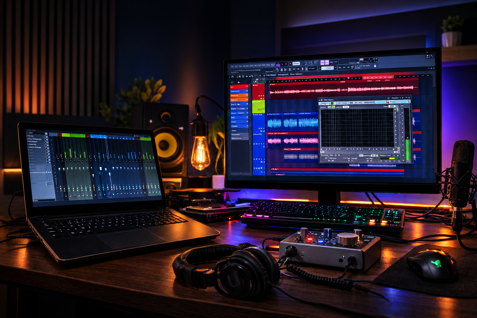M2M Studios production desk with monitors and mixing setup